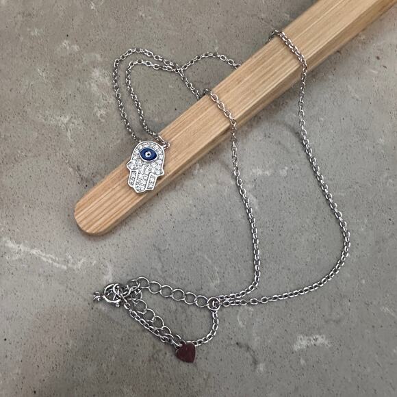 Sterling Silver Hamsa CZ Necklace with Evil Eye, Minimalist, Protection - Picture 1 of 7